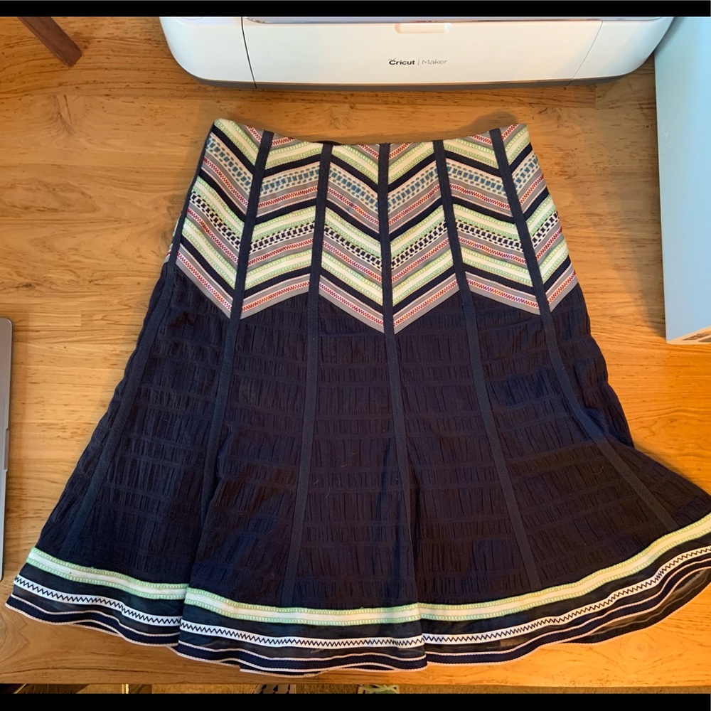 Nanette Lepore Circle Skirt. Navy w/ chevron ribbon design. Size 6